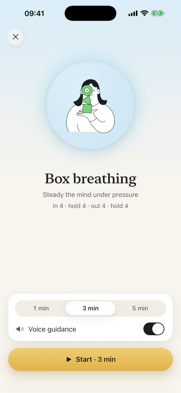 Box breathing: in 4, hold 4, out 4, hold 4, with a choice of 1, 3 or 5 minutes, voice guidance switched on and a Start button.