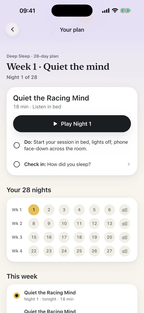 The plan page for a Deep Sleep plan: Week 1, Quiet the mind, tonight’s session with a Play Night 1 button, and a calendar of all 28 nights with a weekly check-in at the end of each week.