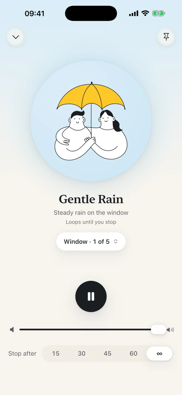 The Gentle Rain soundscape playing: two people under a yellow umbrella, the Window version, 1 of 5, a volume slider and a timer that stops after 15, 30, 45 or 60 minutes, or never.